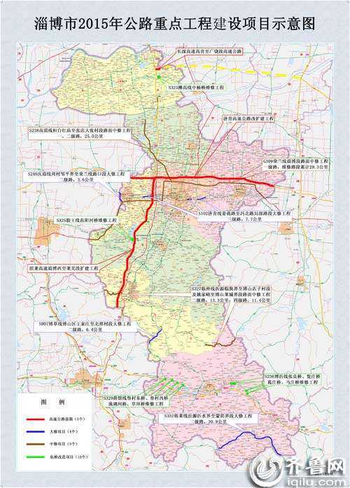 記者從淄博市政府新聞辦公室組織召開的關于全市公路重點工程項目建設情況新聞發(fā)布會獲悉。2015年淄博市將開工建設濟青高速公路改擴建工程、濱萊高速淄博西至萊蕪段擴建工程、長深高速高青至廣饒段，以及普通國省道有7項大中修項目，10座危橋改造項目。